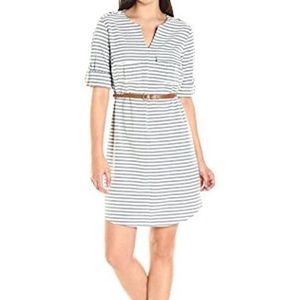 Sharagano Belted V Neck Stripe Shirt Dress Chambray Blue Ivory 6